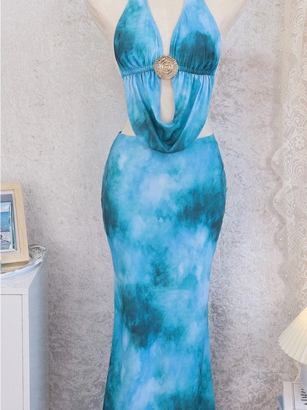 Blue Tie-Dye Halter Swim Coverup with Decorative Medallion